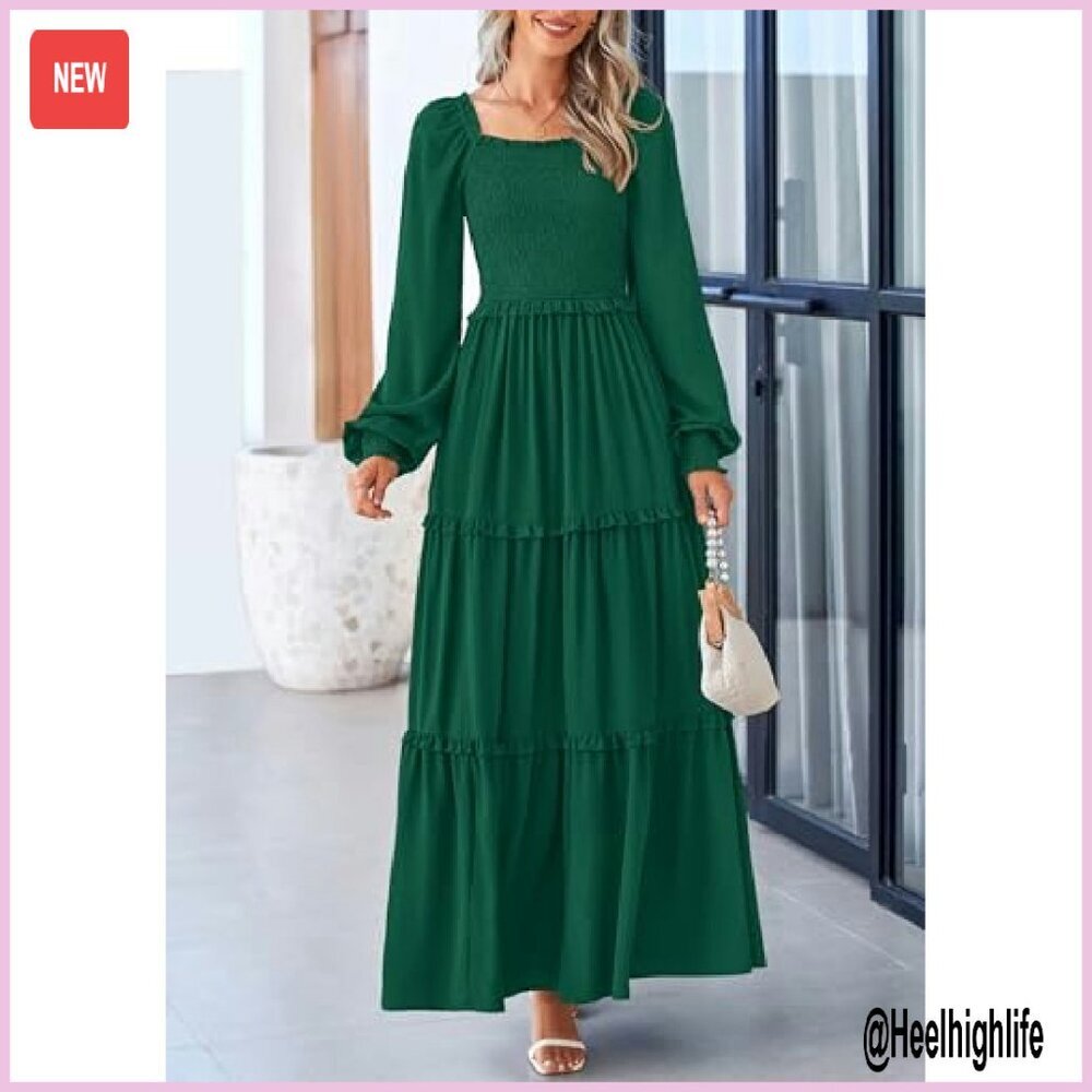 Long Sleeve Square Neck Tiered A-Line Maxi Dress, Smocked Waist, Flowy - Picture 5 of 8